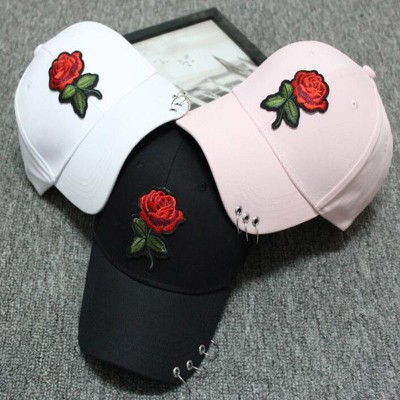 Unisex  Red Rose Baseball Cap Flower Embroidery Iron Ring Snapback Sun Hat  eb-25013993